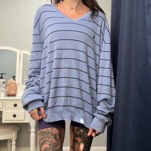 Ralph Lauren Light Blue V-Neck Sweater w Blue Stripes &Embroidered Logo